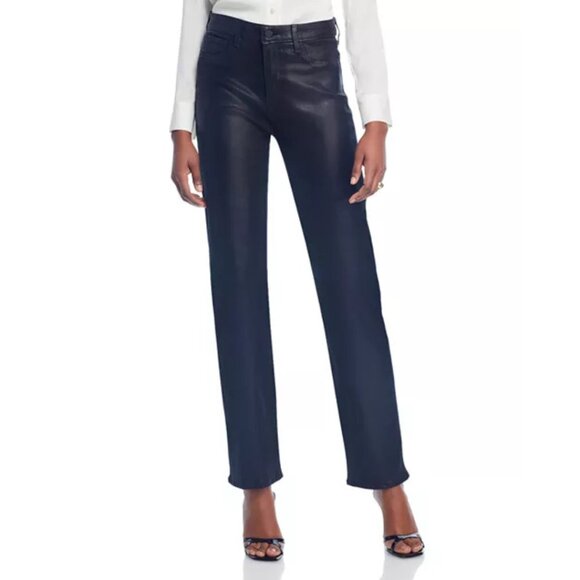 L'Agence Ginny High Rise Straight Leg Jeans in Coated Noir Zipper
